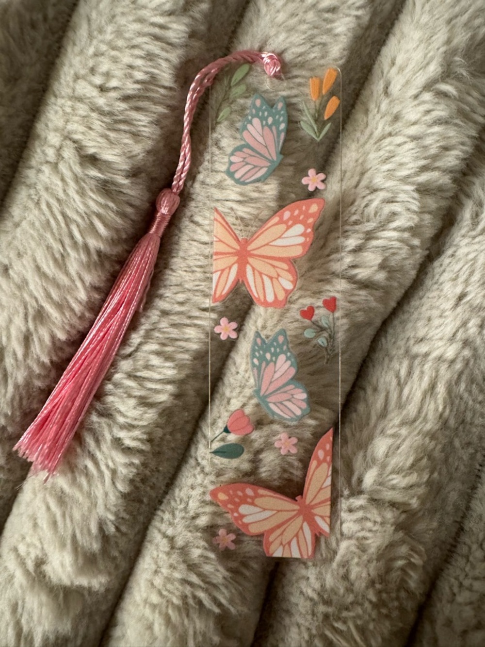 Butterfly Tassel Bookmark - Pink Accent on Cream Faux-Fur